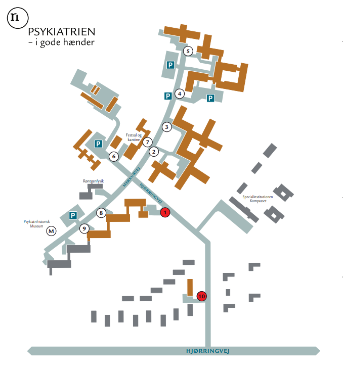 Billedet viser et kort over Psykiatriens matrikel i Br&oslash;nderslev. Man finder Caf&eacute; Gr&oslash;n ved Indgang 10 p&aring; Hermesvej 2. N&aring;r man kommer ind fra Hj&oslash;rringvej, ligger cafeen i den f&oslash;rste bygning til venstre. 