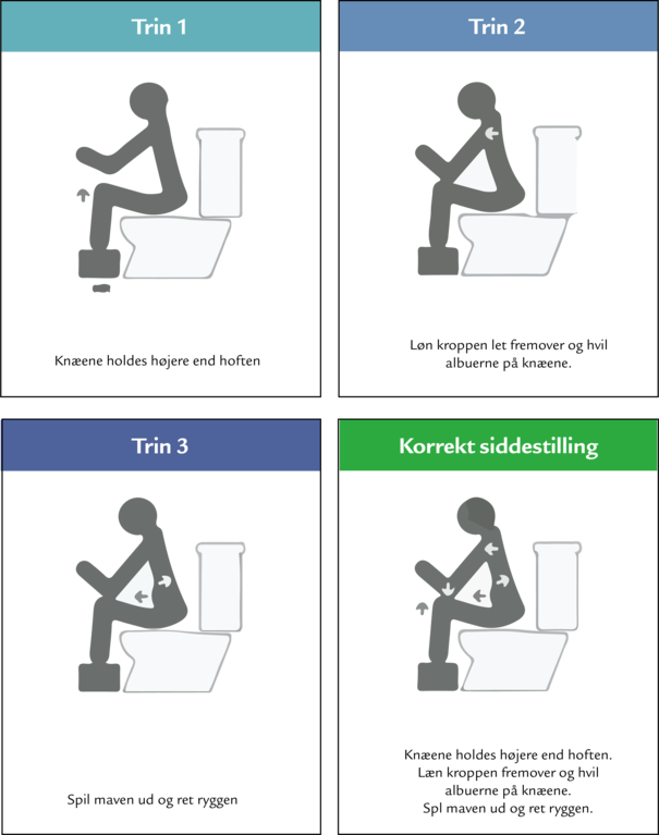 Illustrationen best&aring;r af 4 billeder, der viser, hvordan man sidder mest hensigtsm&aelig;ssigt p&aring; toilettet. Det f&oslash;rste billede viser, at kn&aelig;ene skal holdes h&oslash;jere end hoften. Det n&aelig;ste billede viser, at kroppen skal l&aelig;nes let forover, og at man skal hvile albuerne p&aring; kn&aelig;ene. Det tredje billede viser, at man skal spile maven ud og rette ryggen. Det fjerde og sidste billede viser alle bev&aelig;gelserne samlet i &eacute;t billede. 