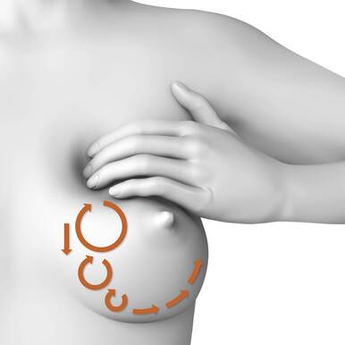 Illustration of a breast with a woman massaging in gentle circular movements. Arrows express the movement from top and downwards.