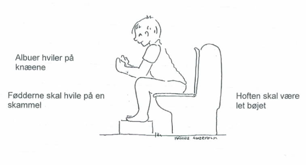 Barn sidder p&aring; toilet med f&oslash;dderne hvilende p&aring; en skammel, albuerne hvilende p&aring; kn&aelig;ene og hoften let b&oslash;jet.