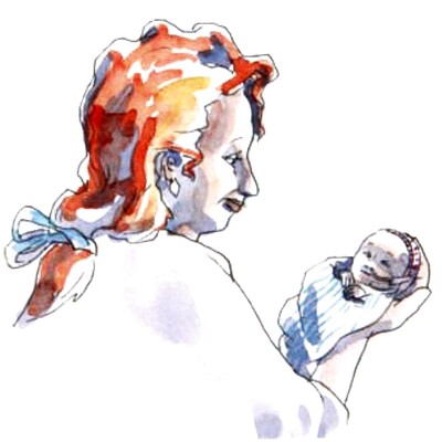 Illustration of mother holding her child while the baby looks away from her, not wanting eye contact.