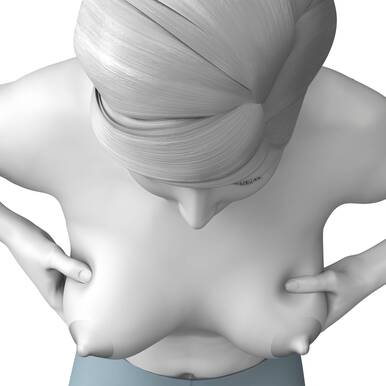 Illustration of woman leaning forward and at the same time stimulating her breasts.