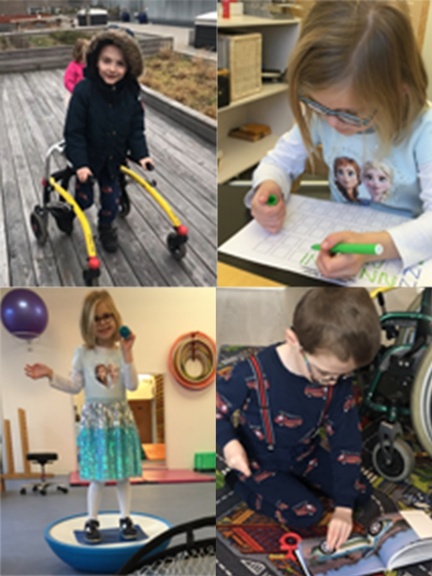 Barn med rollator, barn der tegner, barn på balancebræt og barn der kigger i en bog