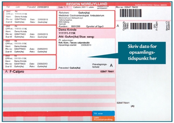 Eksempel på følgeseddel med markering af hvor der skal angives dato for opsamlingstidspunktet