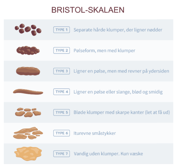 Bristolskalaen viser aff&oslash;ringskonsistens fordelt p&aring; 7 h&aring;rdhedsgrader. Type 1: separate h&aring;rde klumper, der ligner n&oslash;dder. Type 2: p&oslash;lseform, men med klumper. Type 3: ligner en p&oslash;lse, men med revner p&aring; ydersiden. Type 4: ligner en p&oslash;lse eller slange, bl&oslash;d og smidig. Type 5: bl&oslash;de klumper med skarpe kanter - let at f&aring; ud. Type 6: iturevne sm&aring;stykker. Type 7: vandig uden klumper - kun v&aelig;ske.