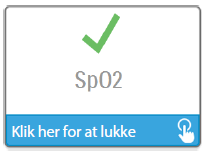 Øverst et grønt flueben. Under teksten Sp02 og nederst en blå bjælke med teksten "Klik her for at lukke"