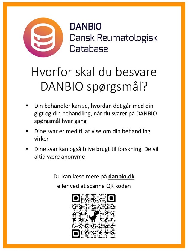 Billede, der indeholder tekst om, hvorfor man skal svare p&aring; DANBIO sp&oslash;rgsm&aring;l samt en QR-kode og et link til danbio.dk