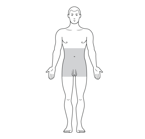Illustration af et menneske, hvor et omr&aring;de  er markeret med gr&aring;t. Det gr&aring; omr&aring;de begynder mellem bryst og navle og g&aring;r ned til og med lysken. Det g&aring;r helt p&aring; tv&aelig;rs af kroppen. Den gr&aring; markering viser det felt, man skal barbere forud for operationen.