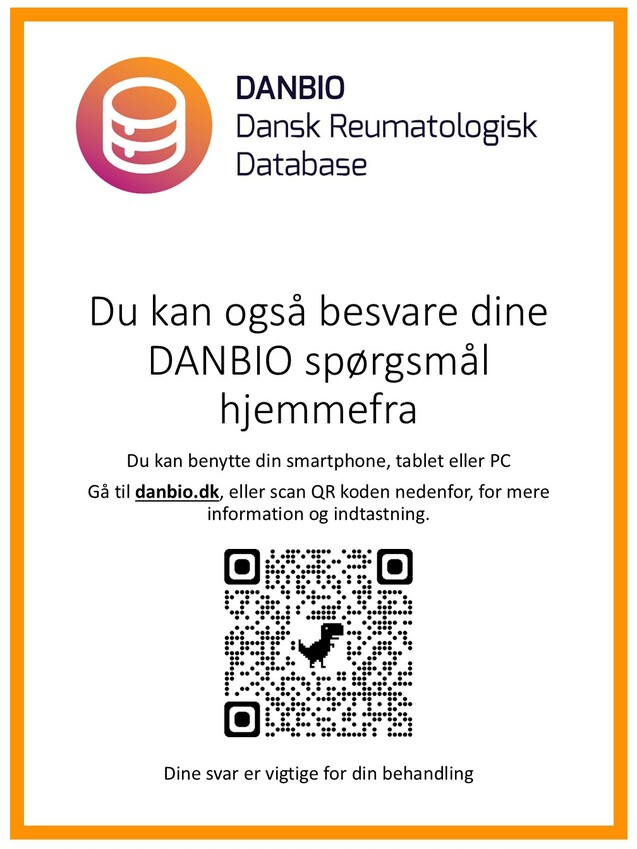 Et billede, der indeholder teksten: Du kan ogs&aring; besvare dine DANBIO-sp&oslash;rgsm&aring;l hjemmefra. Du kan benytte din smartphone, tablet eller PC. G&aring; til danbio.dk, eller scan QR-koden nedenfor for mere information og indtastning. 
QR-koden er indsat i billedet.